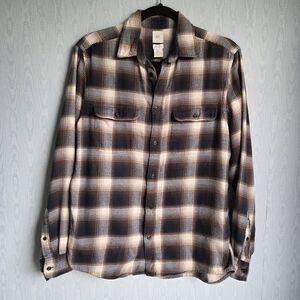 H&M L.O.G.G. Mens Small Plaid Flannel Button Down 100% Cotton‎ Brown Ivory